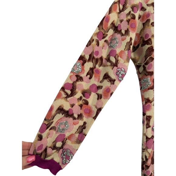Till The End Womens L Silk Cashmere Colorful Floral Sequins Pearl Knit Cardigan - Picture 4 of 11